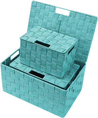 Storage Basket with Lid, 3-Piece Woven Set for Shelves (Black)