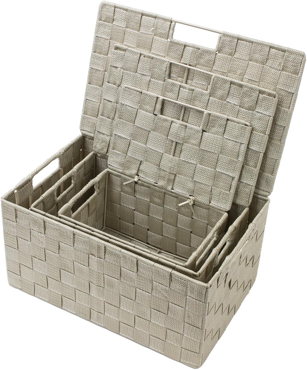 Storage Basket with Lid, 3-Piece Woven Set for Shelves (Black)