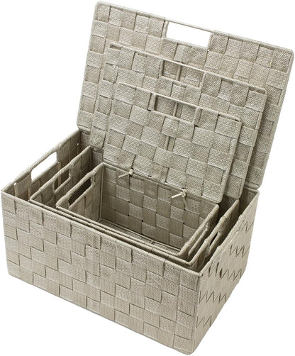 Storage Basket with Lid, 3-Piece Woven Set for Shelves (Black)