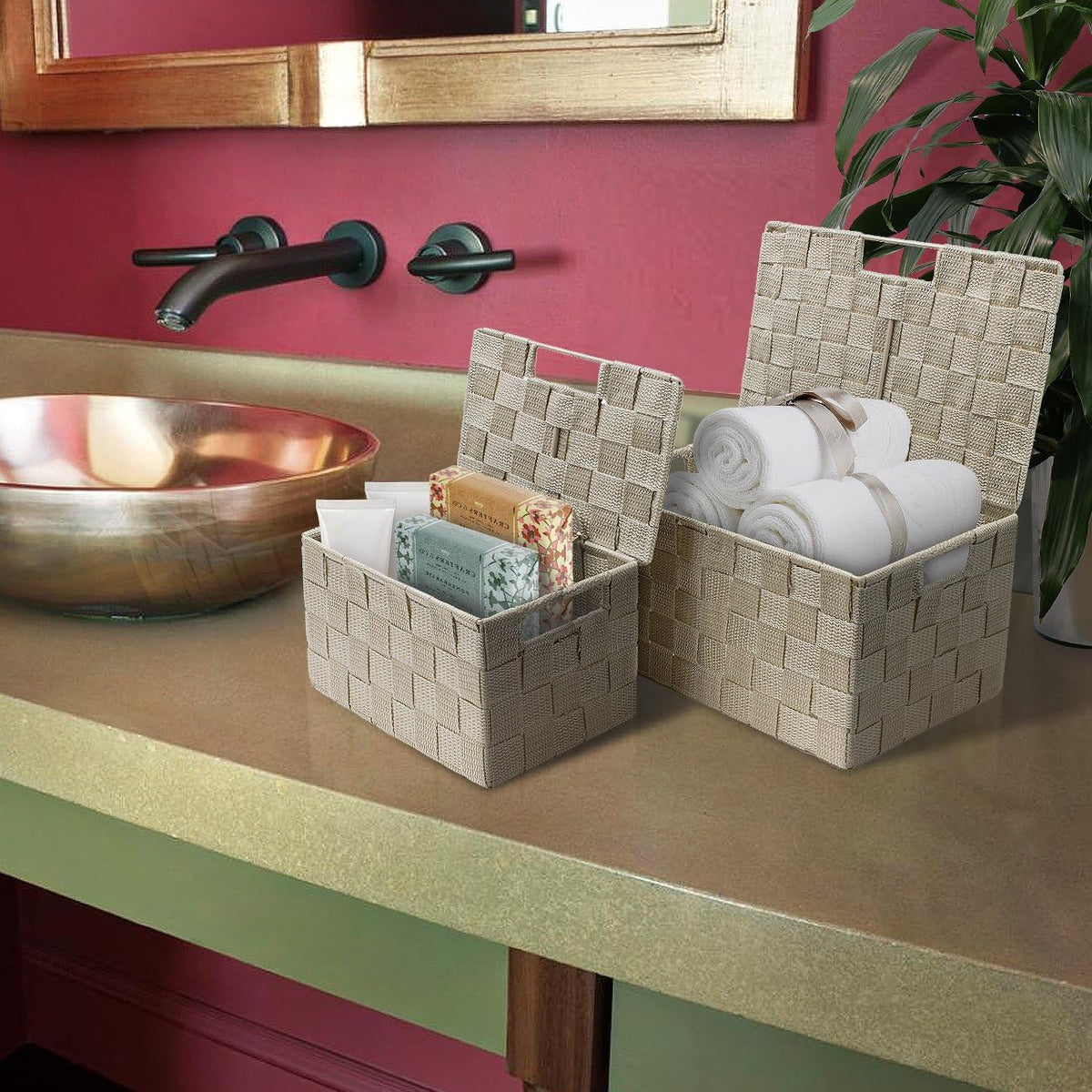 Storage Basket with Lid, 3-Piece Woven Set for Shelves (Black)