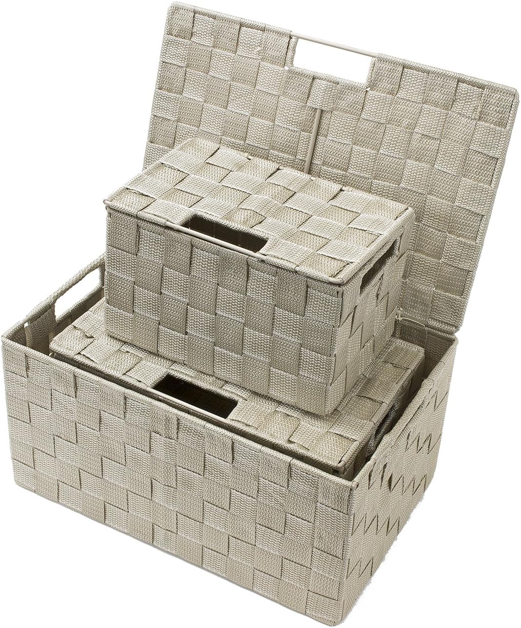 Storage Basket with Lid, 3-Piece Woven Set for Shelves (Black)