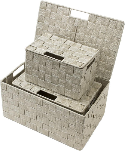 Storage Basket with Lid, 3-Piece Woven Set for Shelves (Black)