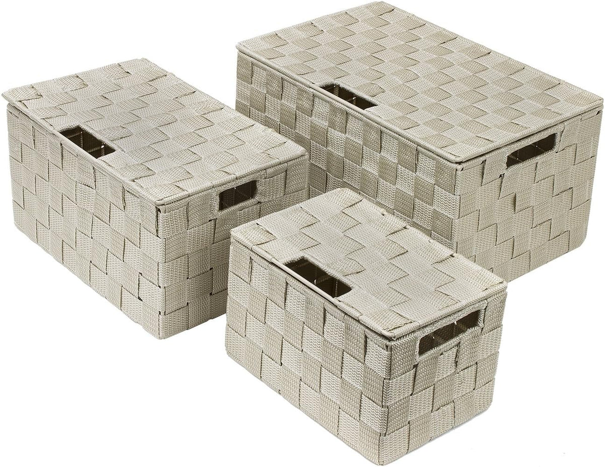 Storage Basket with Lid, 3-Piece Woven Set for Shelves (Black)