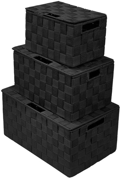 Storage Basket with Lid, 3-Piece Woven Set for Shelves (Black)