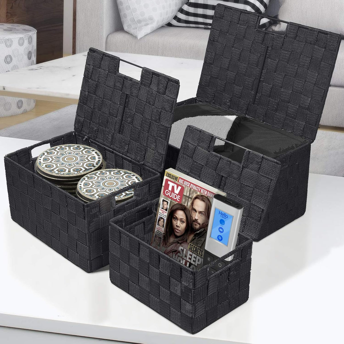 Storage Basket with Lid, 3-Piece Woven Set for Shelves (Black)