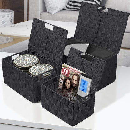 Storage Basket with Lid, 3-Piece Woven Set for Shelves (Black)