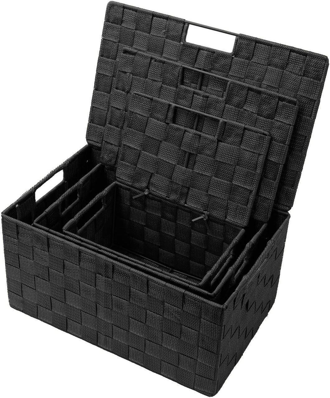 Storage Basket with Lid, 3-Piece Woven Set for Shelves (Black)