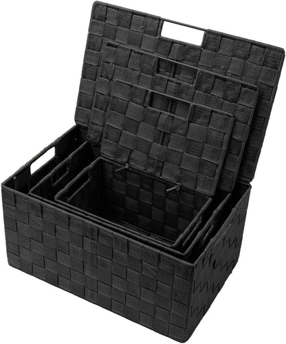 Storage Basket with Lid, 3-Piece Woven Set for Shelves (Black)