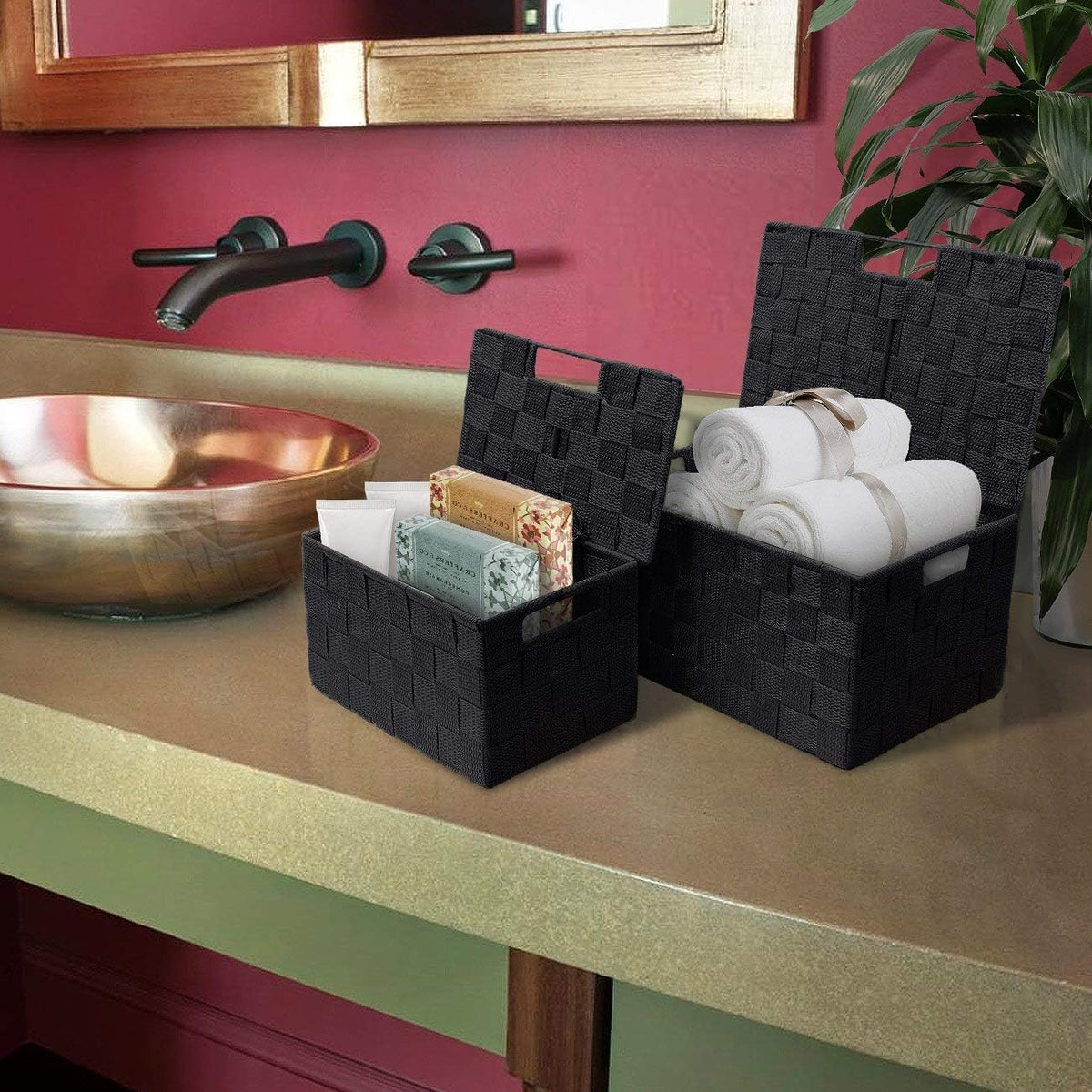 Storage Basket with Lid, 3-Piece Woven Set for Shelves (Black)