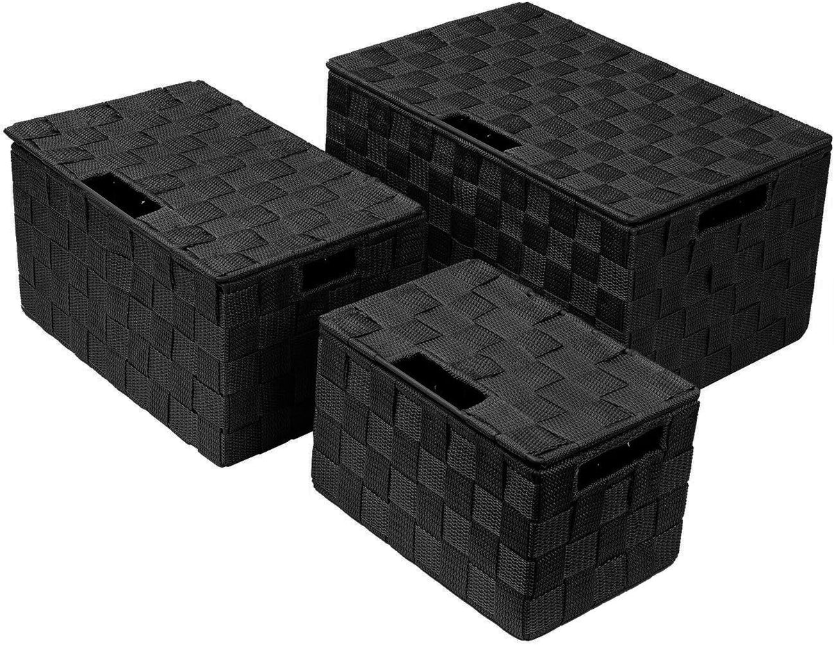 Storage Basket with Lid, 3-Piece Woven Set for Shelves (Black)