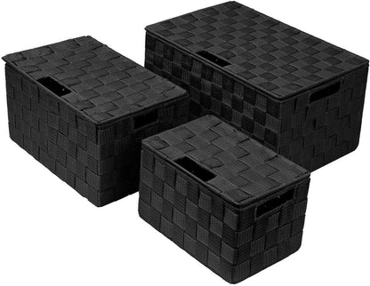 Storage Basket with Lid, 3-Piece Woven Set for Shelves (Black)