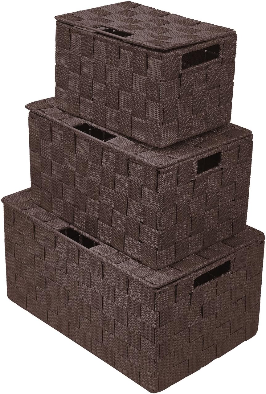 Storage Basket with Lid, 3-Piece Woven Set for Shelves (Black)
