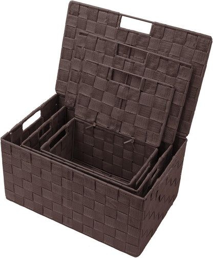 Storage Basket with Lid, 3-Piece Woven Set for Shelves (Black)