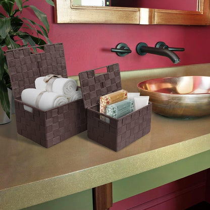 Storage Basket with Lid, 3-Piece Woven Set for Shelves (Black)