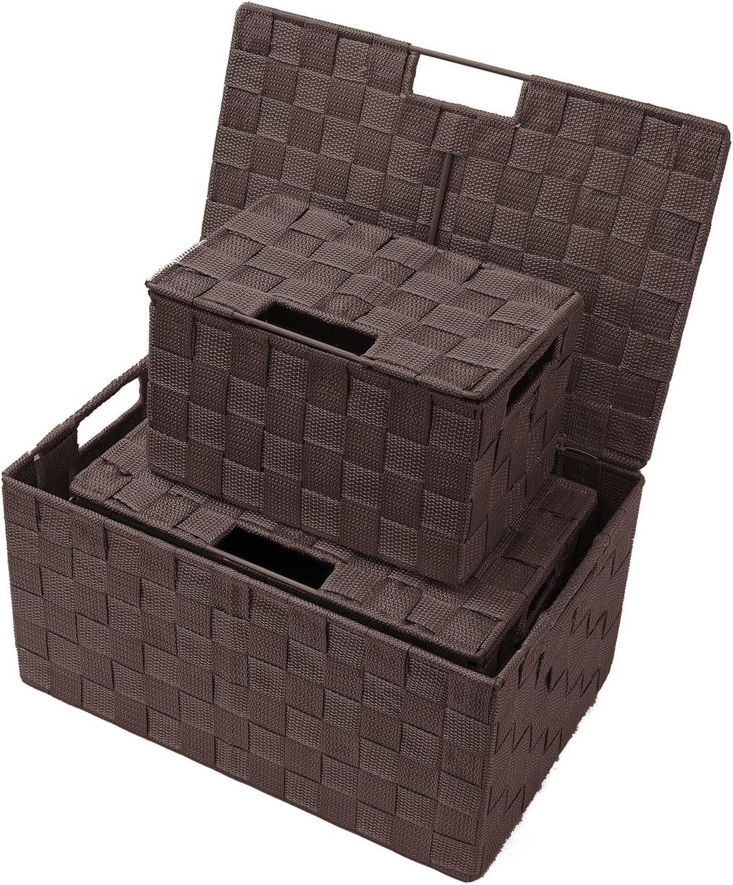 Storage Basket with Lid, 3-Piece Woven Set for Shelves (Black)