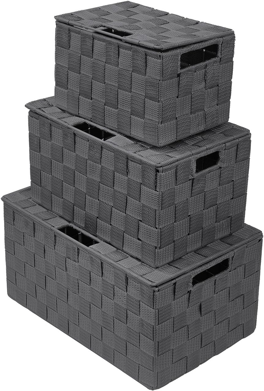 Storage Basket with Lid, 3-Piece Woven Set for Shelves (Black)