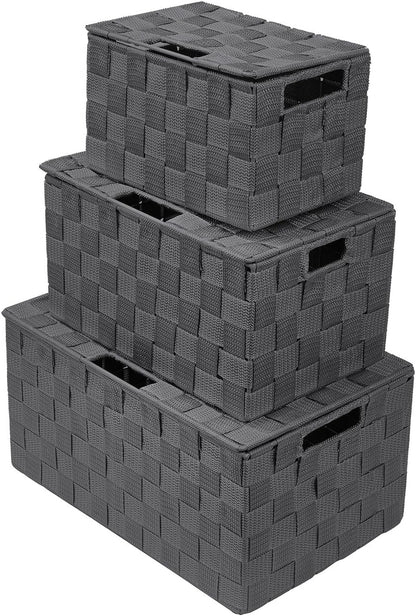 Storage Basket with Lid, 3-Piece Woven Set for Shelves (Black)
