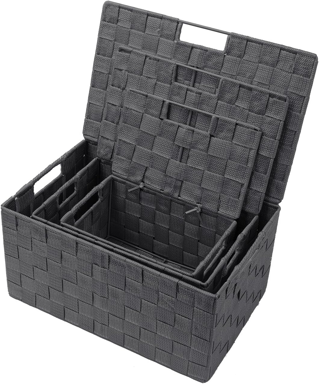 Storage Basket with Lid, 3-Piece Woven Set for Shelves (Black)