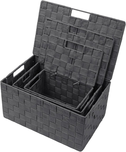 Storage Basket with Lid, 3-Piece Woven Set for Shelves (Black)