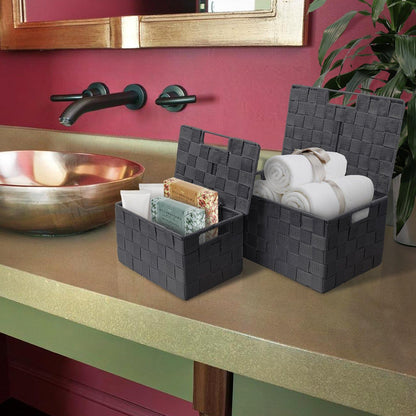 Storage Basket with Lid, 3-Piece Woven Set for Shelves (Black)
