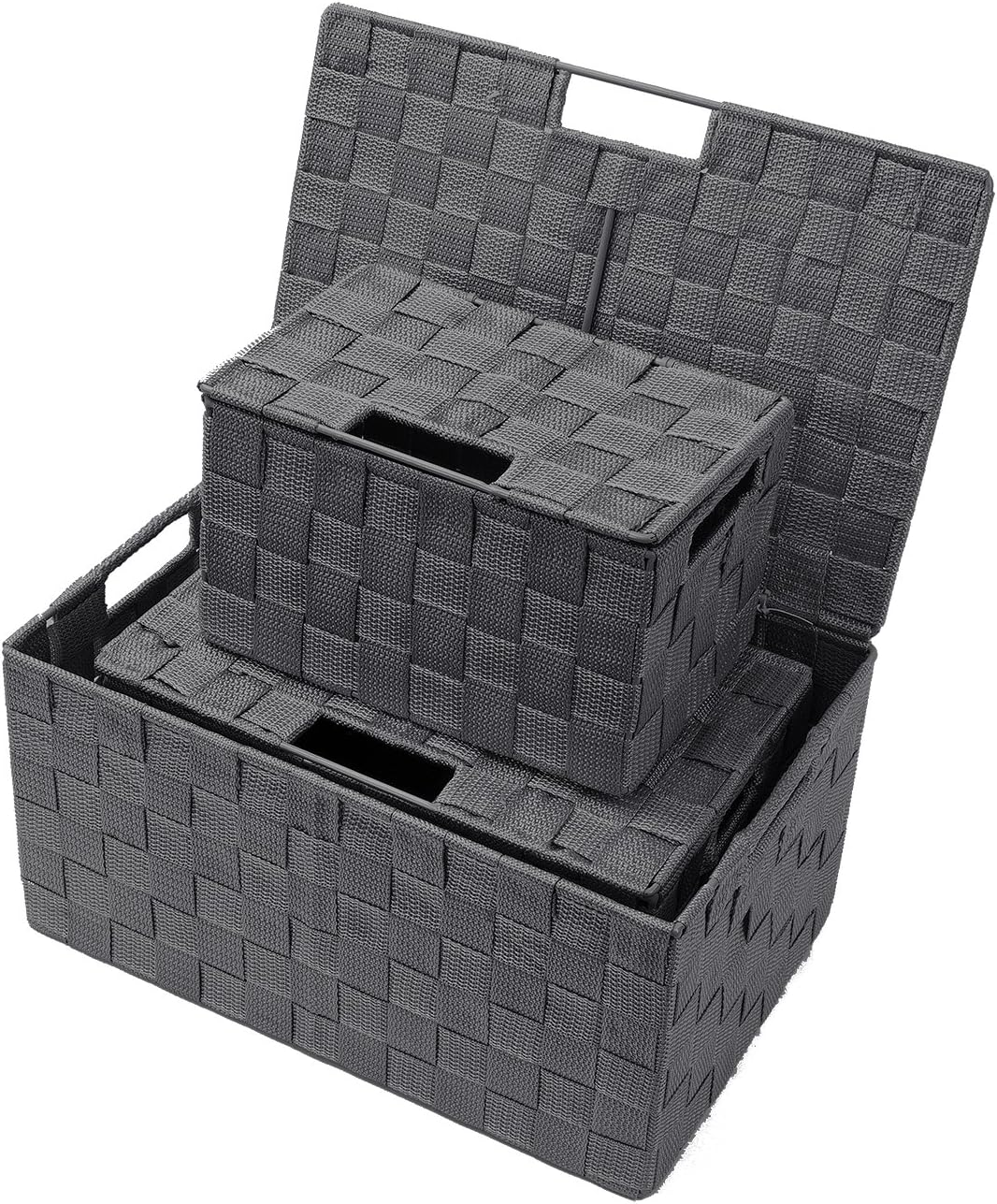 Storage Basket with Lid, 3-Piece Woven Set for Shelves (Black)