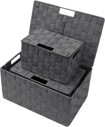 Storage Basket with Lid, 3-Piece Woven Set for Shelves (Black)