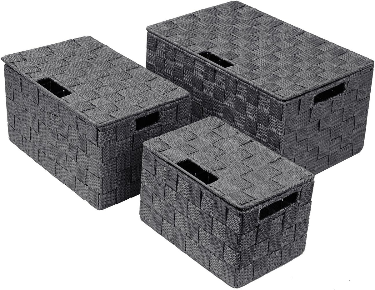 Storage Basket with Lid, 3-Piece Woven Set for Shelves (Black)