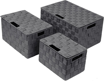Storage Basket with Lid, 3-Piece Woven Set for Shelves (Black)