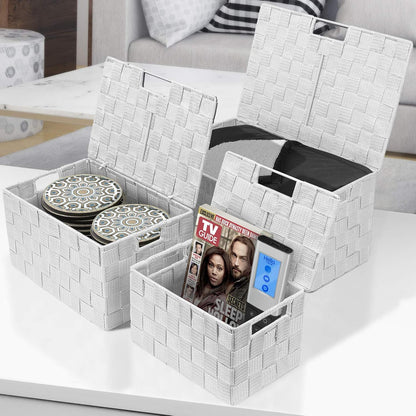 Storage Basket with Lid, 3-Piece Woven Set for Shelves (Black)