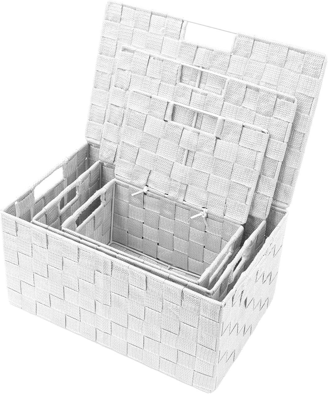 Storage Basket with Lid, 3-Piece Woven Set for Shelves (Black)