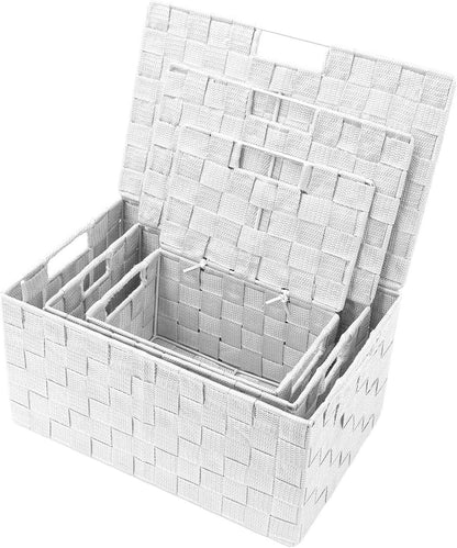 Storage Basket with Lid, 3-Piece Woven Set for Shelves (Black)