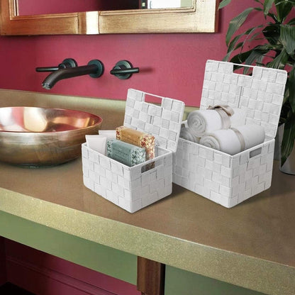 Storage Basket with Lid, 3-Piece Woven Set for Shelves (Black)