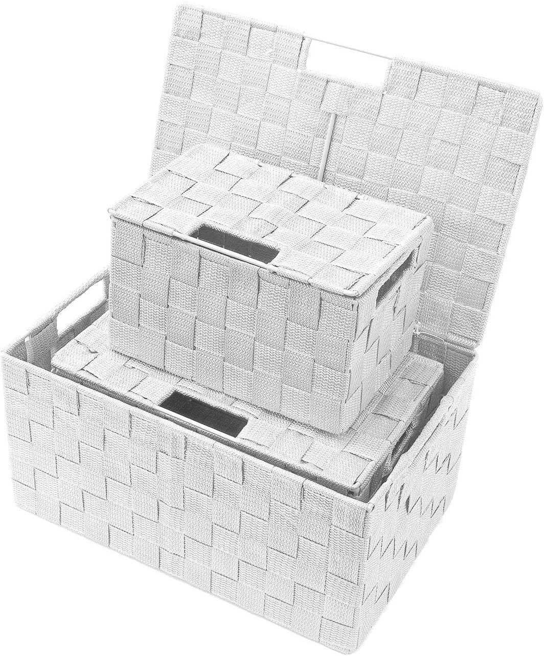 Storage Basket with Lid, 3-Piece Woven Set for Shelves (Black)