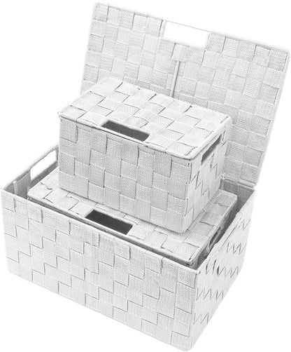 Storage Basket with Lid, 3-Piece Woven Set for Shelves (Black)