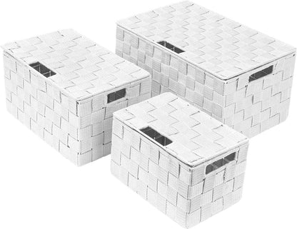 Storage Basket with Lid, 3-Piece Woven Set for Shelves (Black)