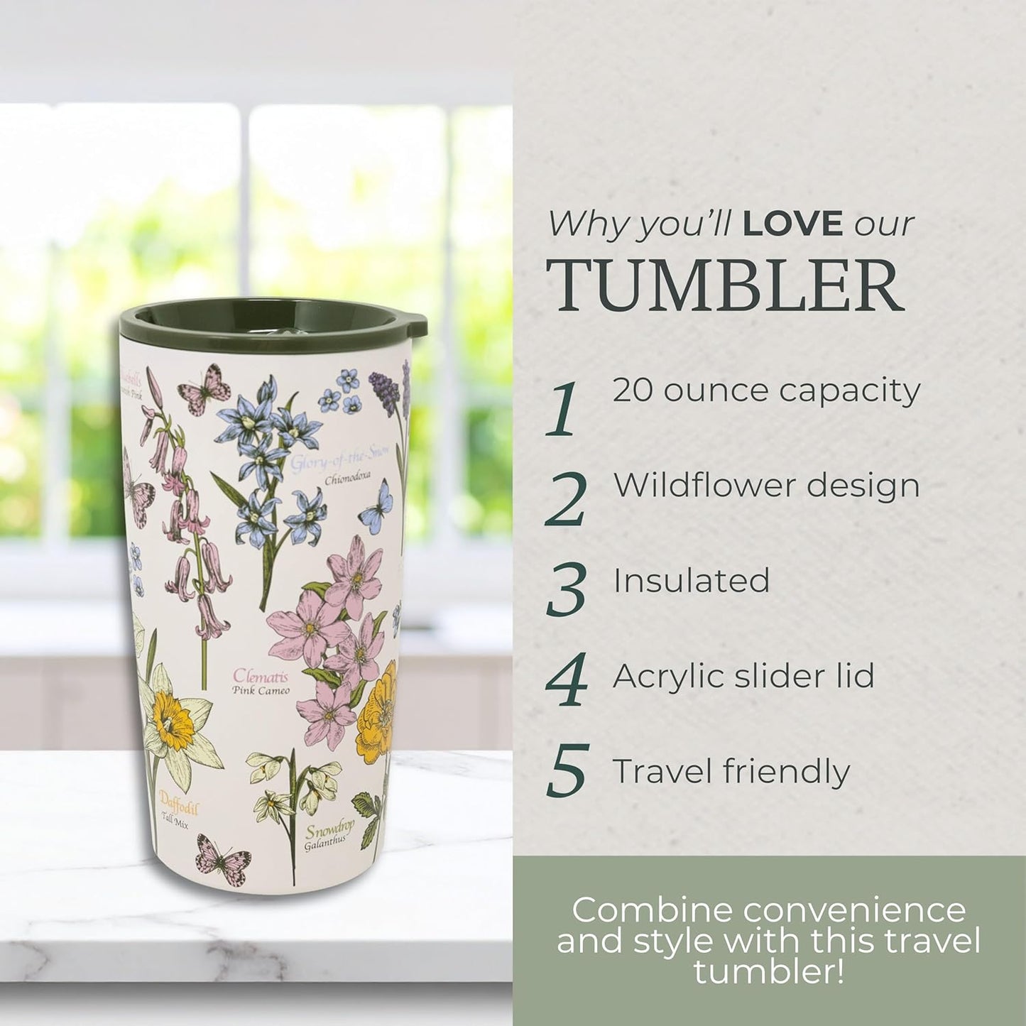 STEEL MILL AND CO. 20 oz Stainless Steel Tumbler, Insulated Wildflower Field Guide Design Travel Mug with Acrylic Slider Lid, Double Wall Coffee Cup for Hot & Cold Drinks (Wildflowers) | Insulated Floral Field Guide Design Travel Mug with Acrylic Slider