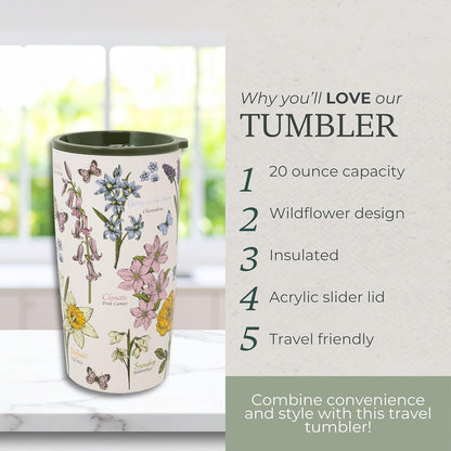 STEEL MILL AND CO. 20 oz Stainless Steel Tumbler, Insulated Wildflower Field Guide Design Travel Mug with Acrylic Slider Lid, Double Wall Coffee Cup for Hot & Cold Drinks (Wildflowers) | Insulated Floral Field Guide Design Travel Mug with Acrylic Slider
