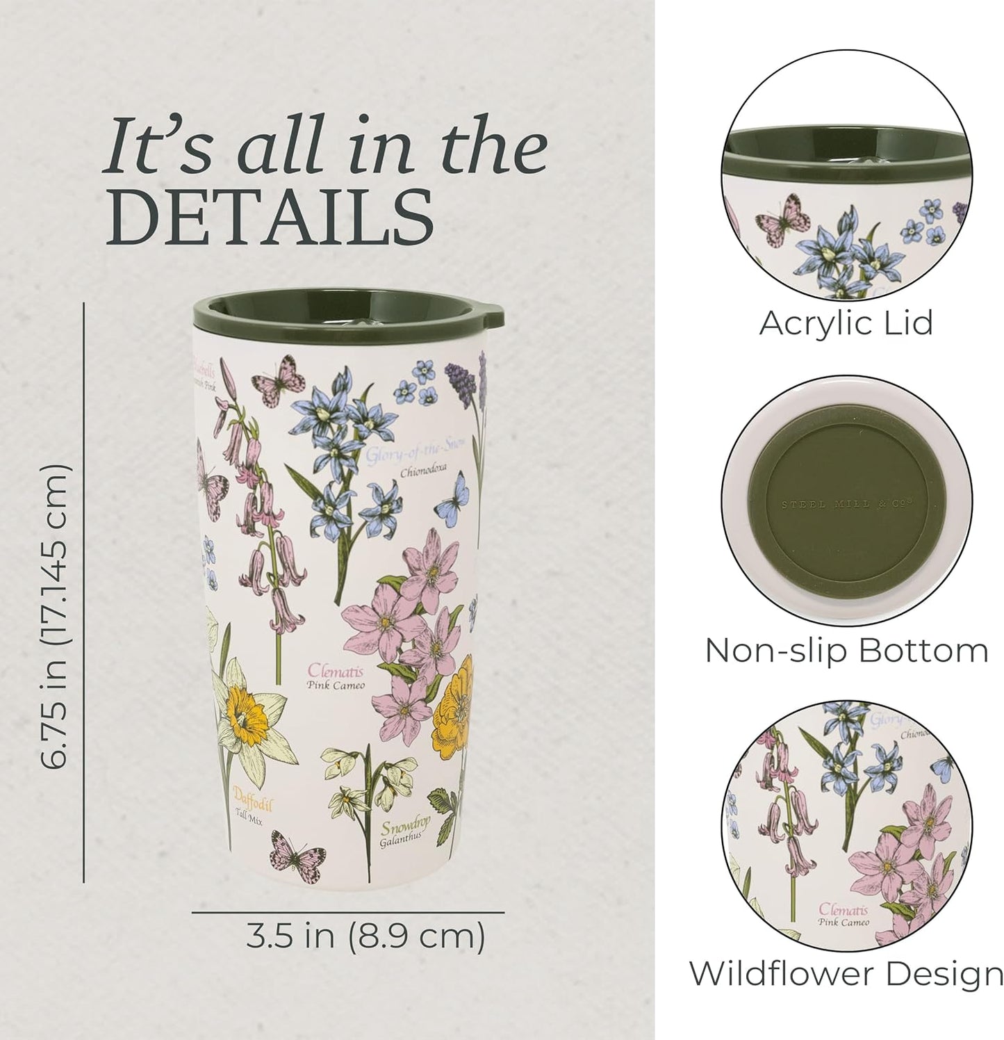 STEEL MILL AND CO. 20 oz Stainless Steel Tumbler, Insulated Wildflower Field Guide Design Travel Mug with Acrylic Slider Lid, Double Wall Coffee Cup for Hot & Cold Drinks (Wildflowers) | Insulated Floral Field Guide Design Travel Mug with Acrylic Slider