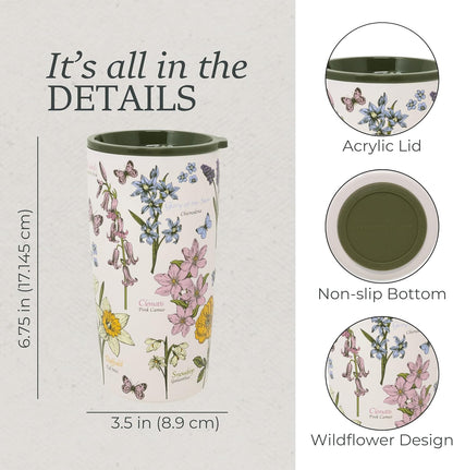 STEEL MILL AND CO. 20 oz Stainless Steel Tumbler, Insulated Wildflower Field Guide Design Travel Mug with Acrylic Slider Lid, Double Wall Coffee Cup for Hot & Cold Drinks (Wildflowers) | Insulated Floral Field Guide Design Travel Mug with Acrylic Slider