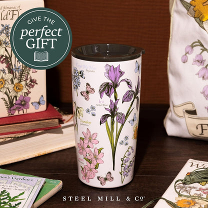 STEEL MILL AND CO. 20 oz Stainless Steel Tumbler, Insulated Wildflower Field Guide Design Travel Mug with Acrylic Slider Lid, Double Wall Coffee Cup for Hot & Cold Drinks (Wildflowers) | Insulated Floral Field Guide Design Travel Mug with Acrylic Slider