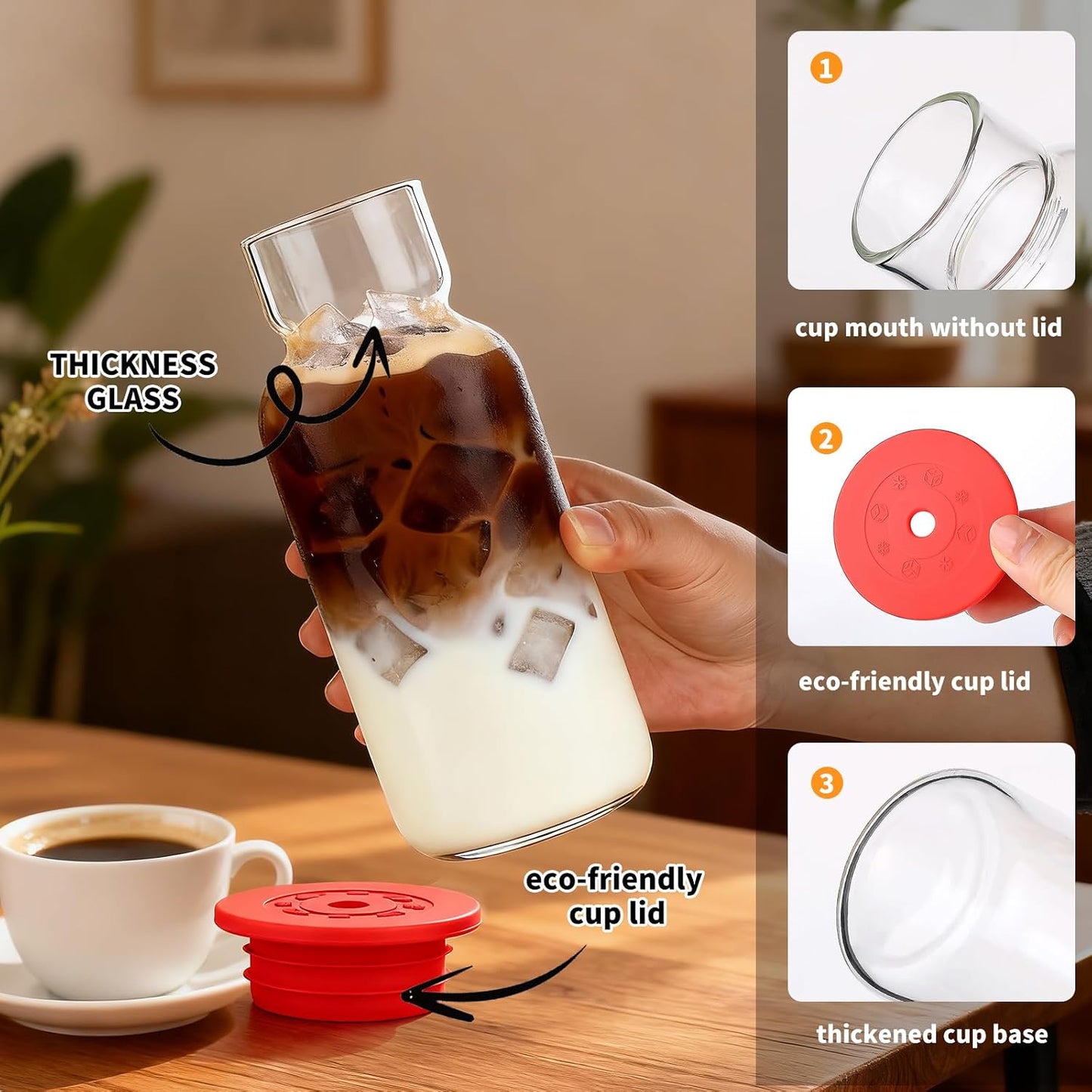 16oz Glass Water Bottle with Straw, Glass Tumbler Capacity Mark Juice Bottles Iced Coffee Cups Leak Proof BPA Free Glass for Car Cup Holder, Office, Travel [2 Pack]