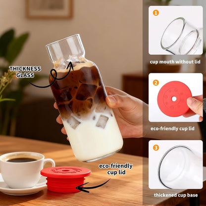 16oz Glass Water Bottle with Straw, Glass Tumbler Capacity Mark Juice Bottles Iced Coffee Cups Leak Proof BPA Free Glass for Car Cup Holder, Office, Travel [2 Pack]