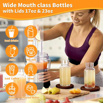 16oz Glass Water Bottle with Straw, Glass Tumbler Capacity Mark Juice Bottles Iced Coffee Cups Leak Proof BPA Free Glass for Car Cup Holder, Office, Travel [2 Pack]