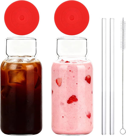 16oz Glass Water Bottle with Straw, Glass Tumbler Capacity Mark Juice Bottles Iced Coffee Cups Leak Proof BPA Free Glass for Car Cup Holder, Office, Travel [2 Pack]