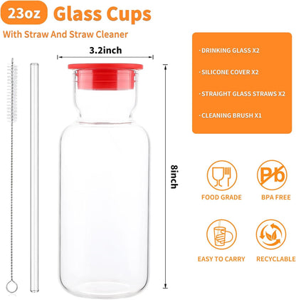 16oz Glass Water Bottle with Straw, Glass Tumbler Capacity Mark Juice Bottles Iced Coffee Cups Leak Proof BPA Free Glass for Car Cup Holder, Office, Travel [2 Pack]