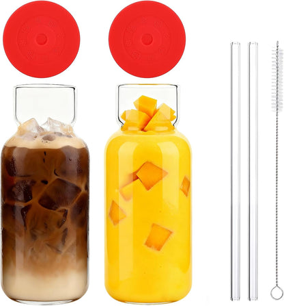 16oz Glass Water Bottle with Straw, Glass Tumbler Capacity Mark Juice Bottles Iced Coffee Cups Leak Proof BPA Free Glass for Car Cup Holder, Office, Travel [2 Pack]