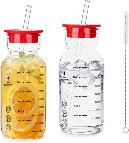 16oz Glass Water Bottle with Straw, Glass Tumbler Capacity Mark Juice Bottles Iced Coffee Cups Leak Proof BPA Free Glass for Car Cup Holder, Office, Travel [2 Pack]
