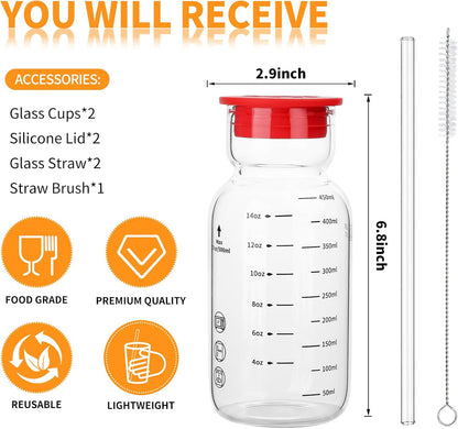 16oz Glass Water Bottle with Straw, Glass Tumbler Capacity Mark Juice Bottles Iced Coffee Cups Leak Proof BPA Free Glass for Car Cup Holder, Office, Travel [2 Pack]