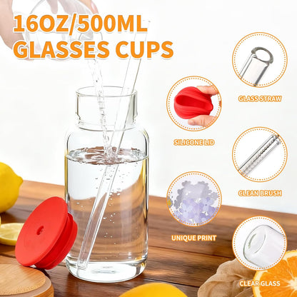 16oz Glass Water Bottle with Straw, Glass Tumbler Capacity Mark Juice Bottles Iced Coffee Cups Leak Proof BPA Free Glass for Car Cup Holder, Office, Travel [2 Pack]