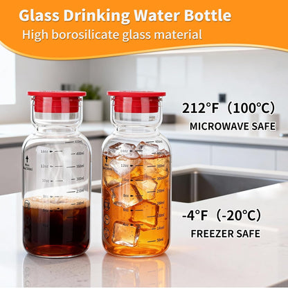 16oz Glass Water Bottle with Straw, Glass Tumbler Capacity Mark Juice Bottles Iced Coffee Cups Leak Proof BPA Free Glass for Car Cup Holder, Office, Travel [2 Pack]